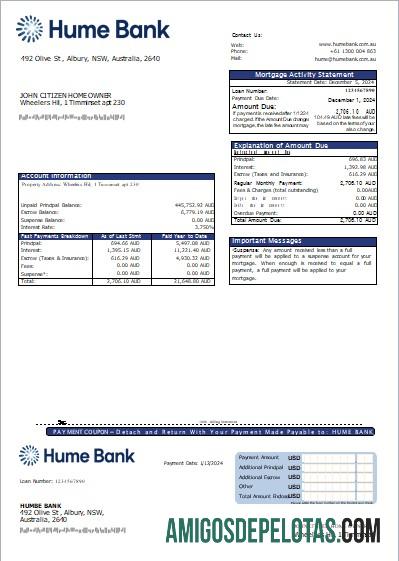 Declaração de hipoteca do banco Humebank da Austrália exemplo real